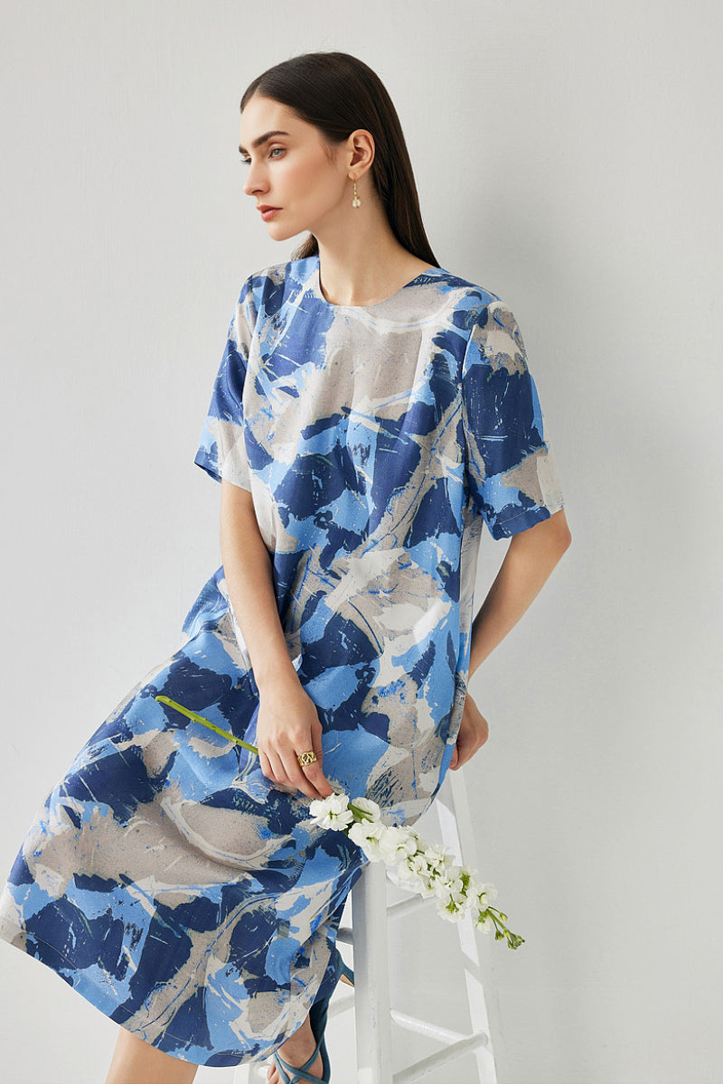 100% Silk Floral Midi Shift Dress with Pockets in Blue