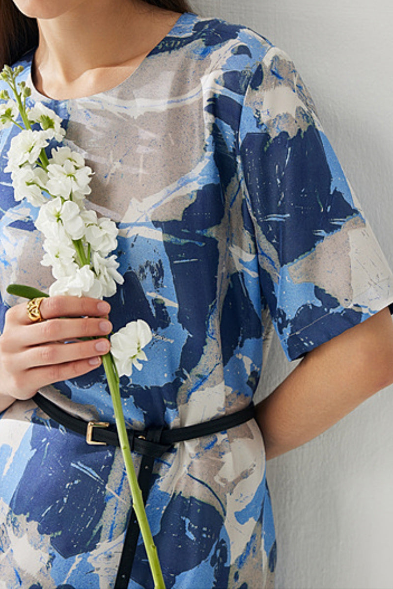 100% Silk Floral Midi Shift Dress with Pockets in Blue