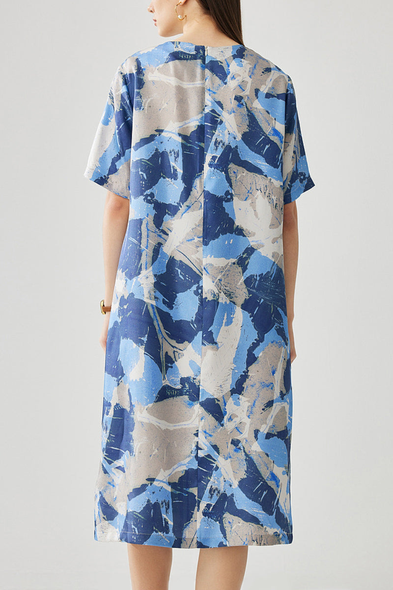 100% Silk Floral Midi Shift Dress with Pockets in Blue