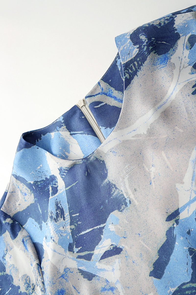 100% Silk Floral Midi Shift Dress with Pockets in Blue