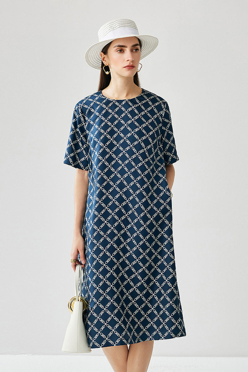 100% Silk Floral Midi Shift Dress with Pockets in Blue