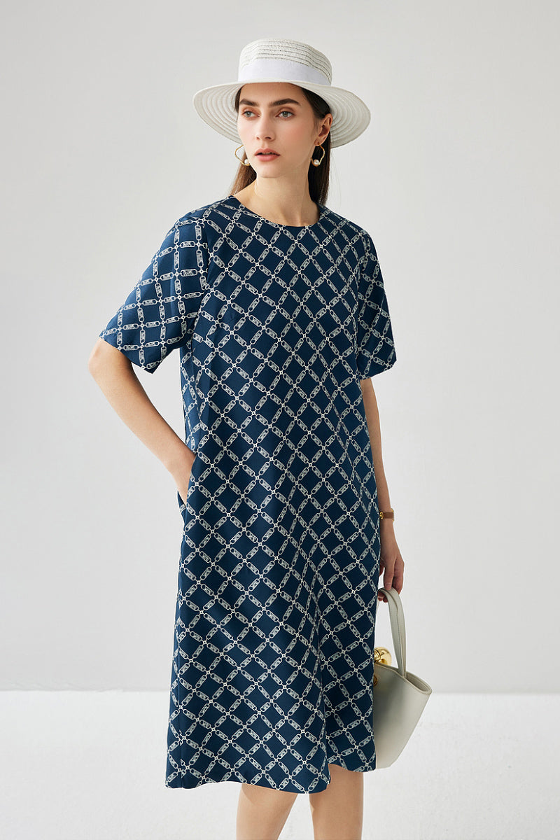 100% Silk Floral Midi Shift Dress with Pockets in Blue