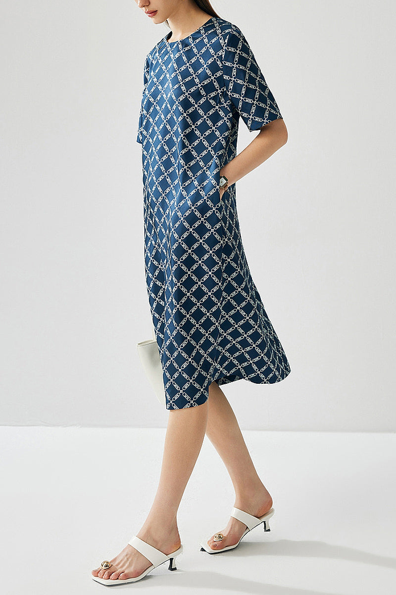 100% Silk Floral Midi Shift Dress with Pockets in Blue