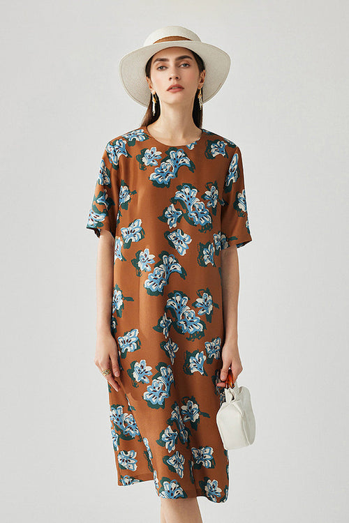 100% Silk Floral Midi Shift Dress with Pockets in Brown