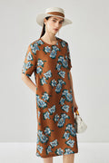 100% Silk Floral Midi Shift Dress with Pockets in Brown