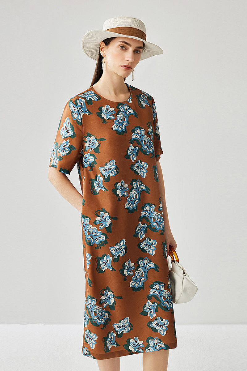 100% Silk Floral Midi Shift Dress with Pockets in Brown