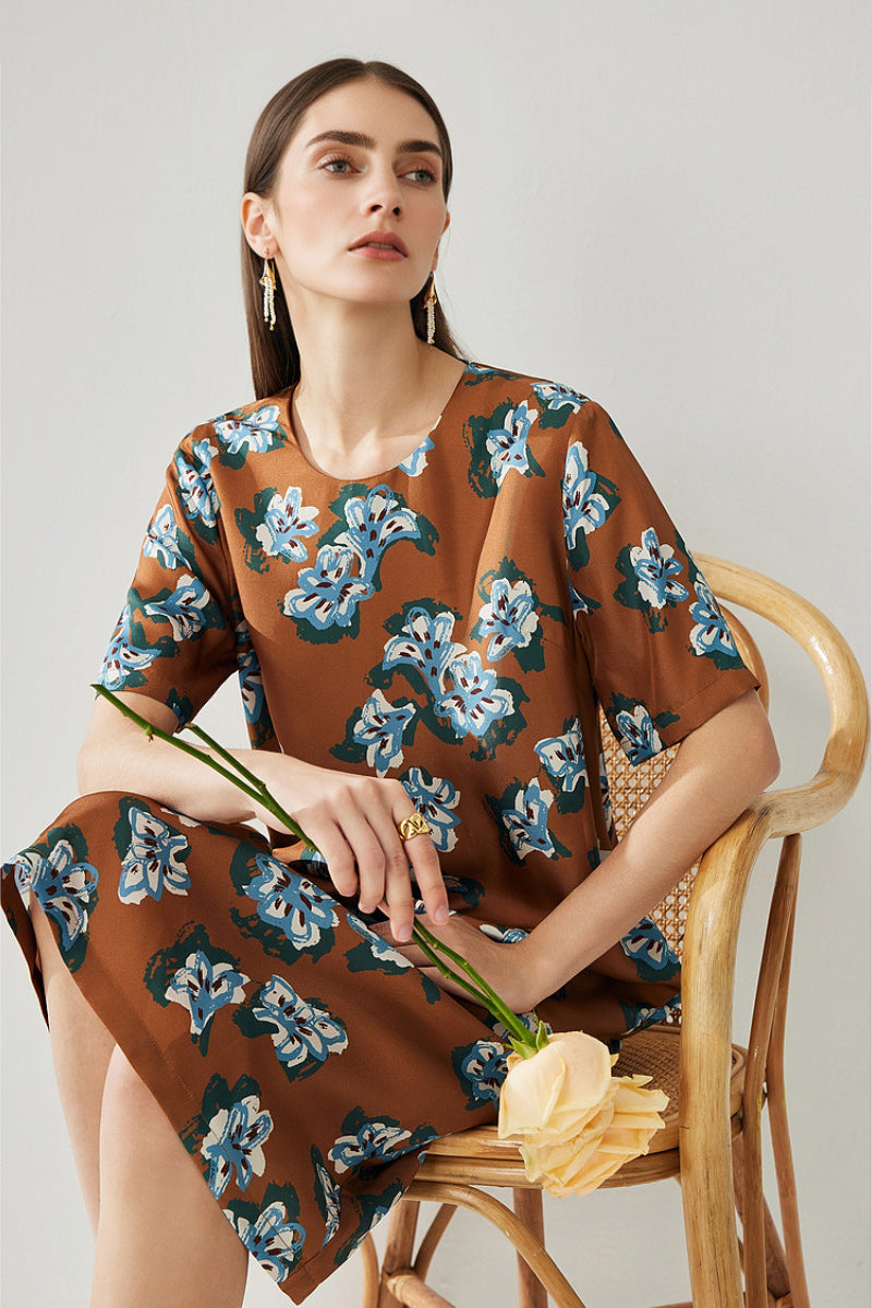 100% Silk Floral Midi Shift Dress with Pockets in Brown