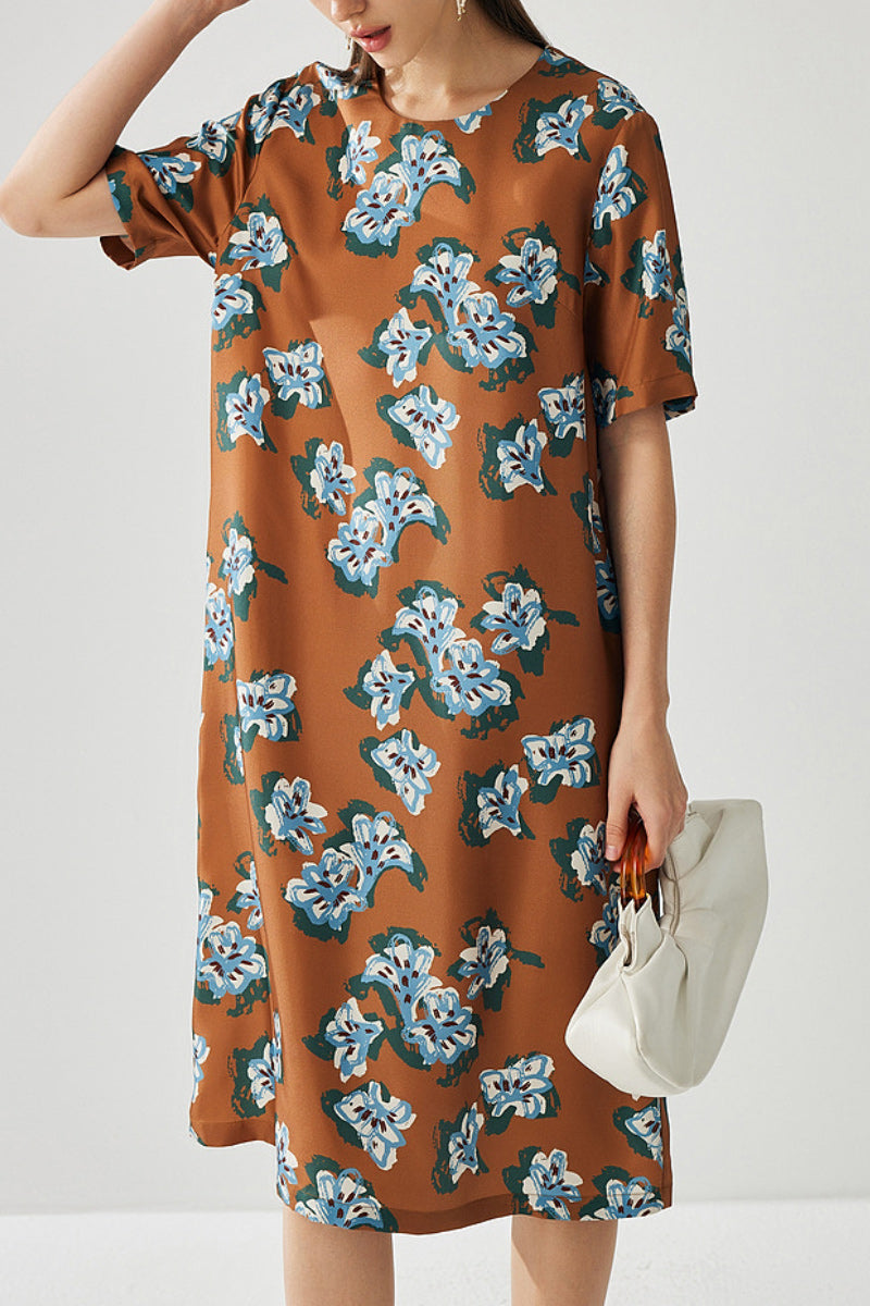 100% Silk Floral Midi Shift Dress with Pockets in Brown