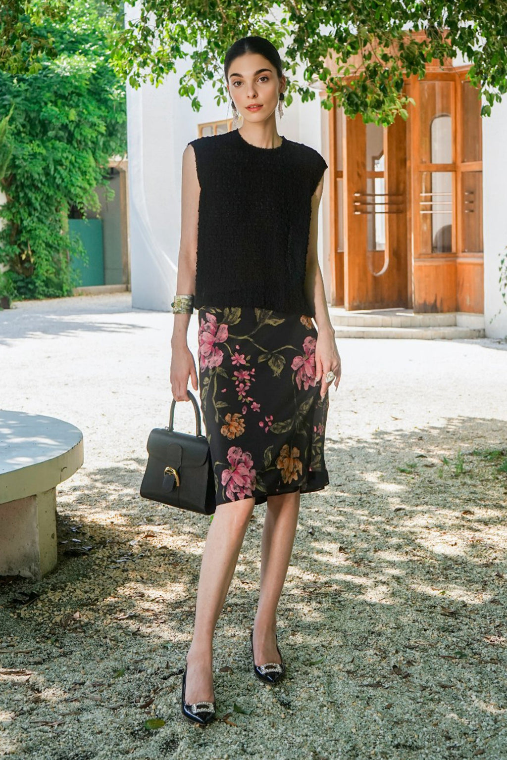 100% Silk Floral Printed A-Line Knee Length Skirt