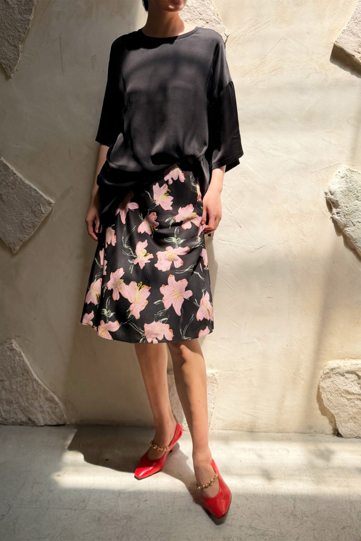 100% Silk Floral Printed A-Line Knee Length Skirt