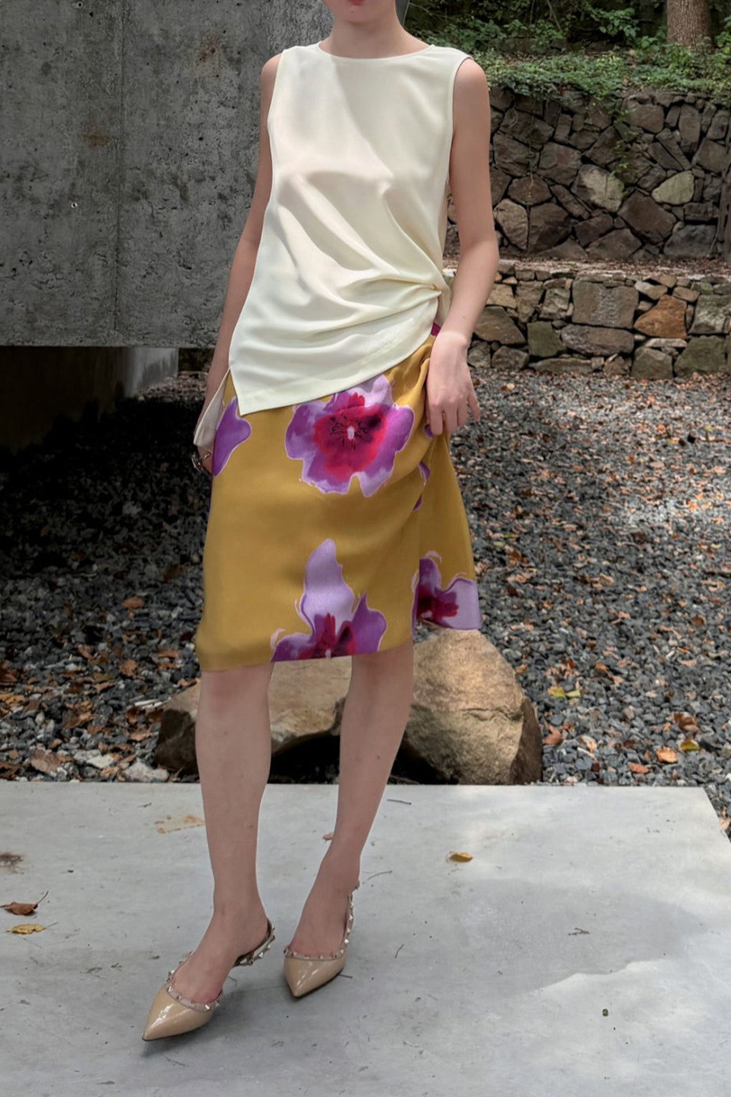 100% Silk Floral Printed A-Line Knee Length Skirt