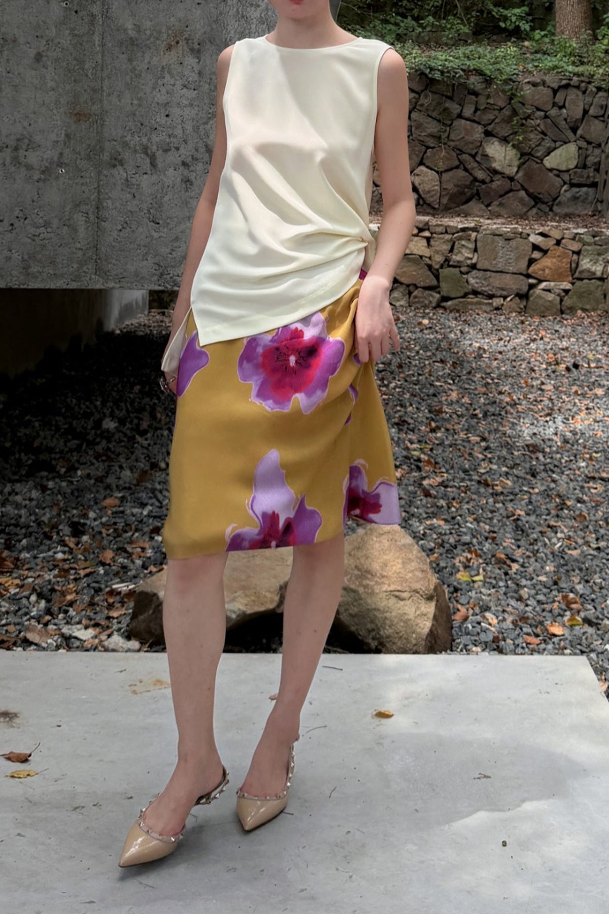 100% Silk Floral Printed A-Line Knee Length Skirt