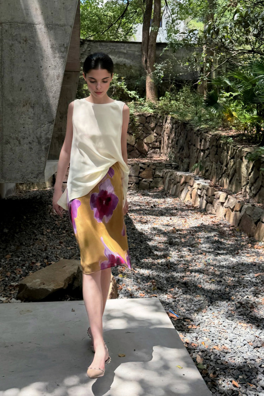 100% Silk Floral Printed A-Line Knee Length Skirt