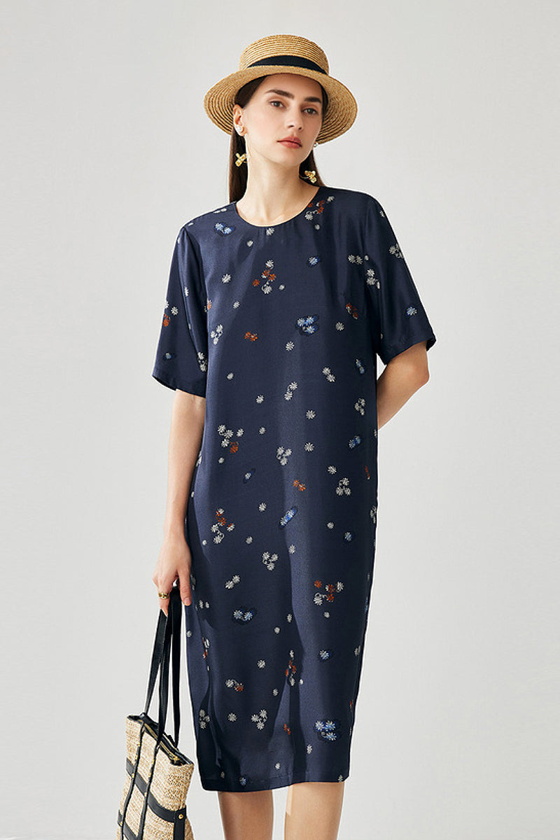 100% Silk Floral Short-Sleeve Shift Dress with Pockets