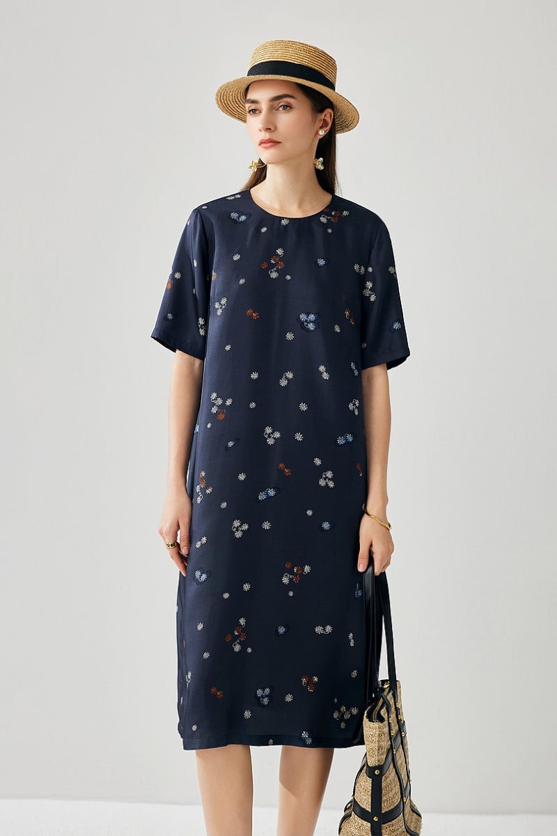100% Silk Floral Short-Sleeve Shift Dress with Pockets