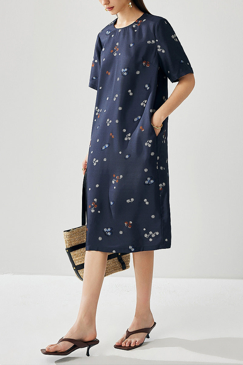 100% Silk Floral Short-Sleeve Shift Dress with Pockets