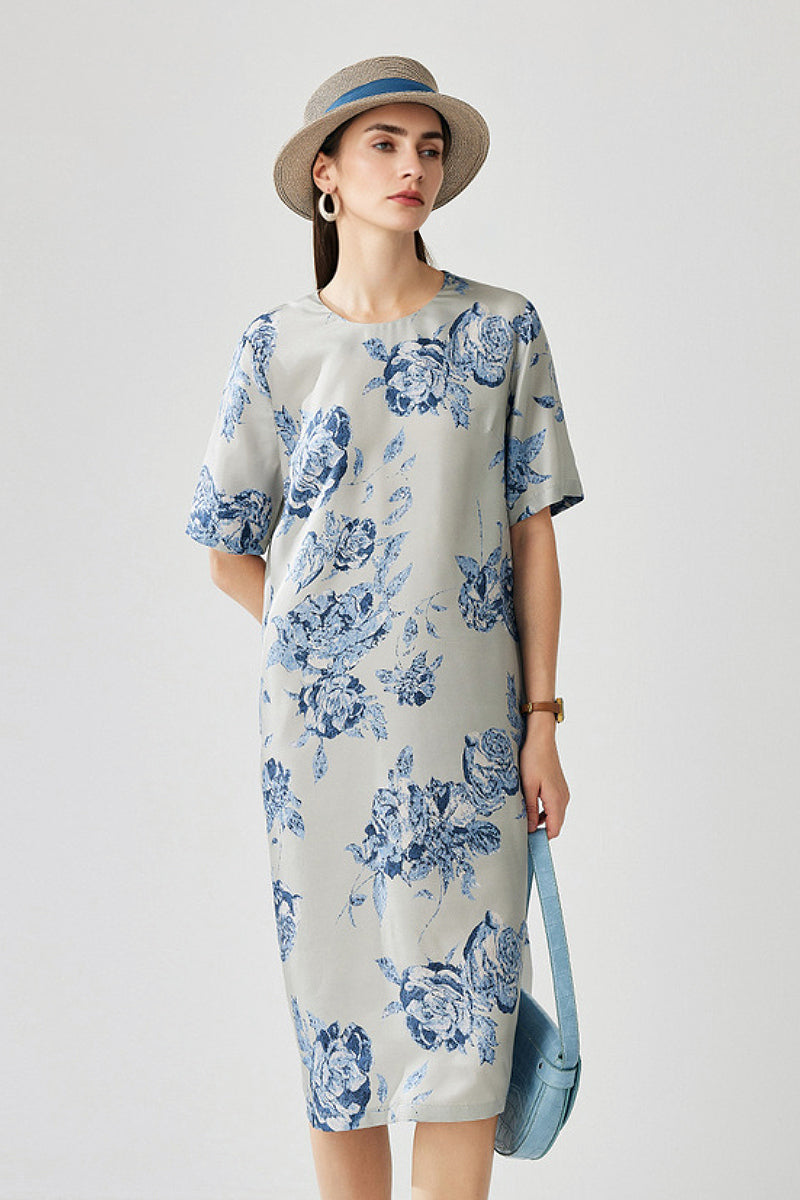 100% Silk Floral Short-Sleeve Shift Dress with Pockets