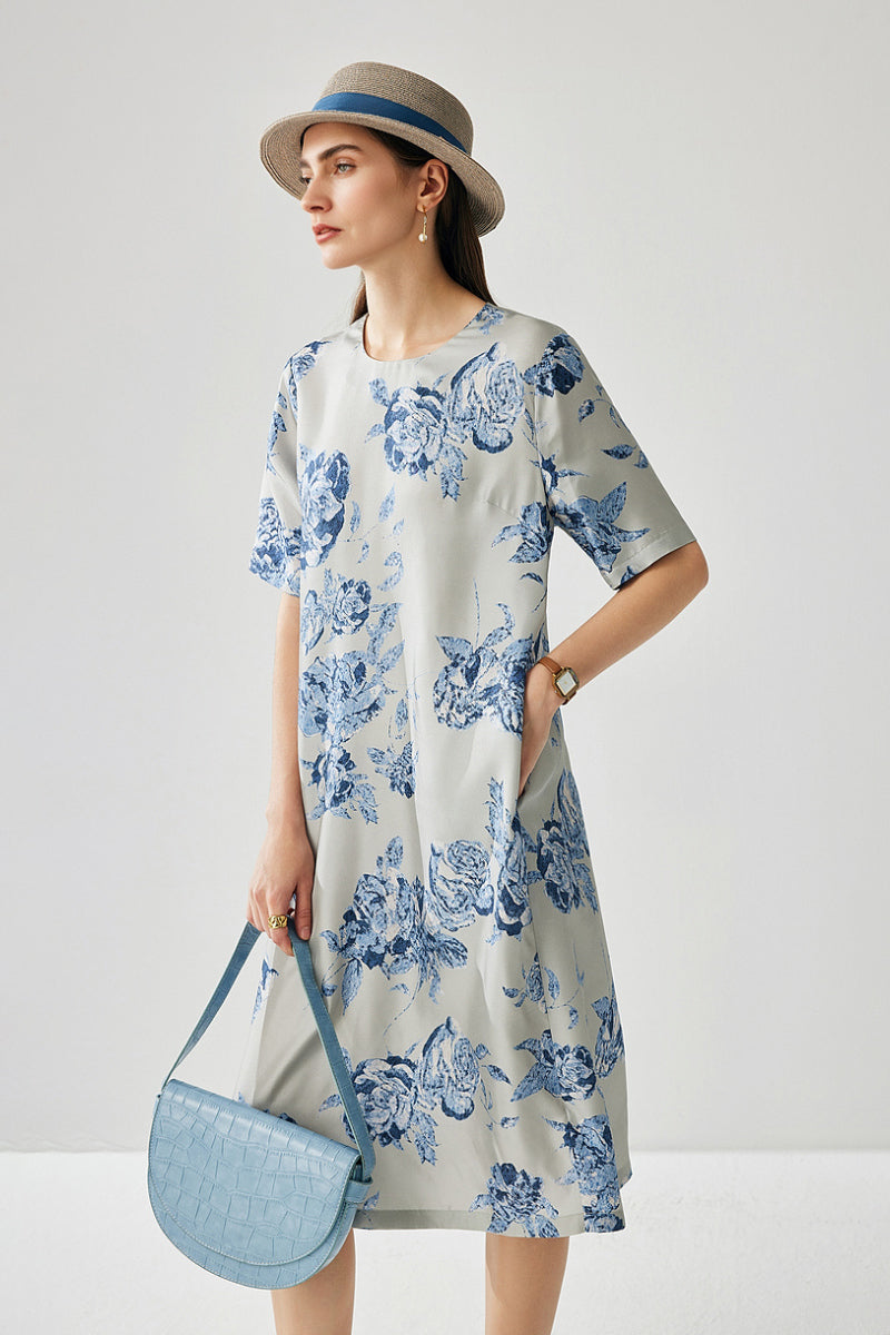 100% Silk Floral Short-Sleeve Shift Dress with Pockets