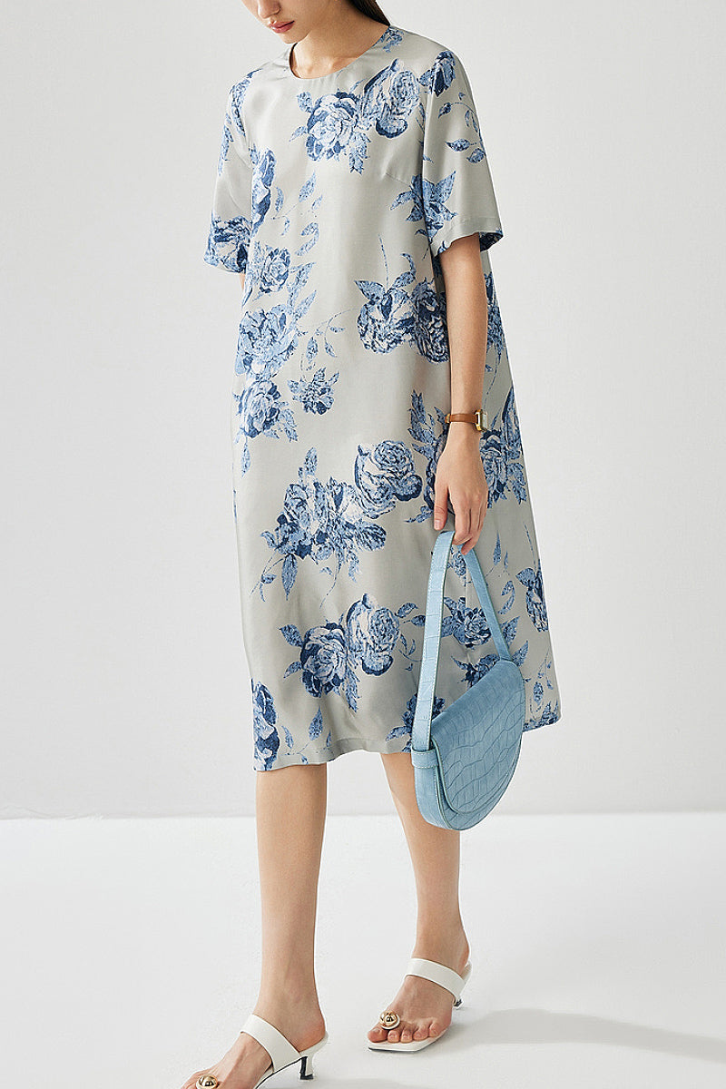 100% Silk Floral Short-Sleeve Shift Dress with Pockets