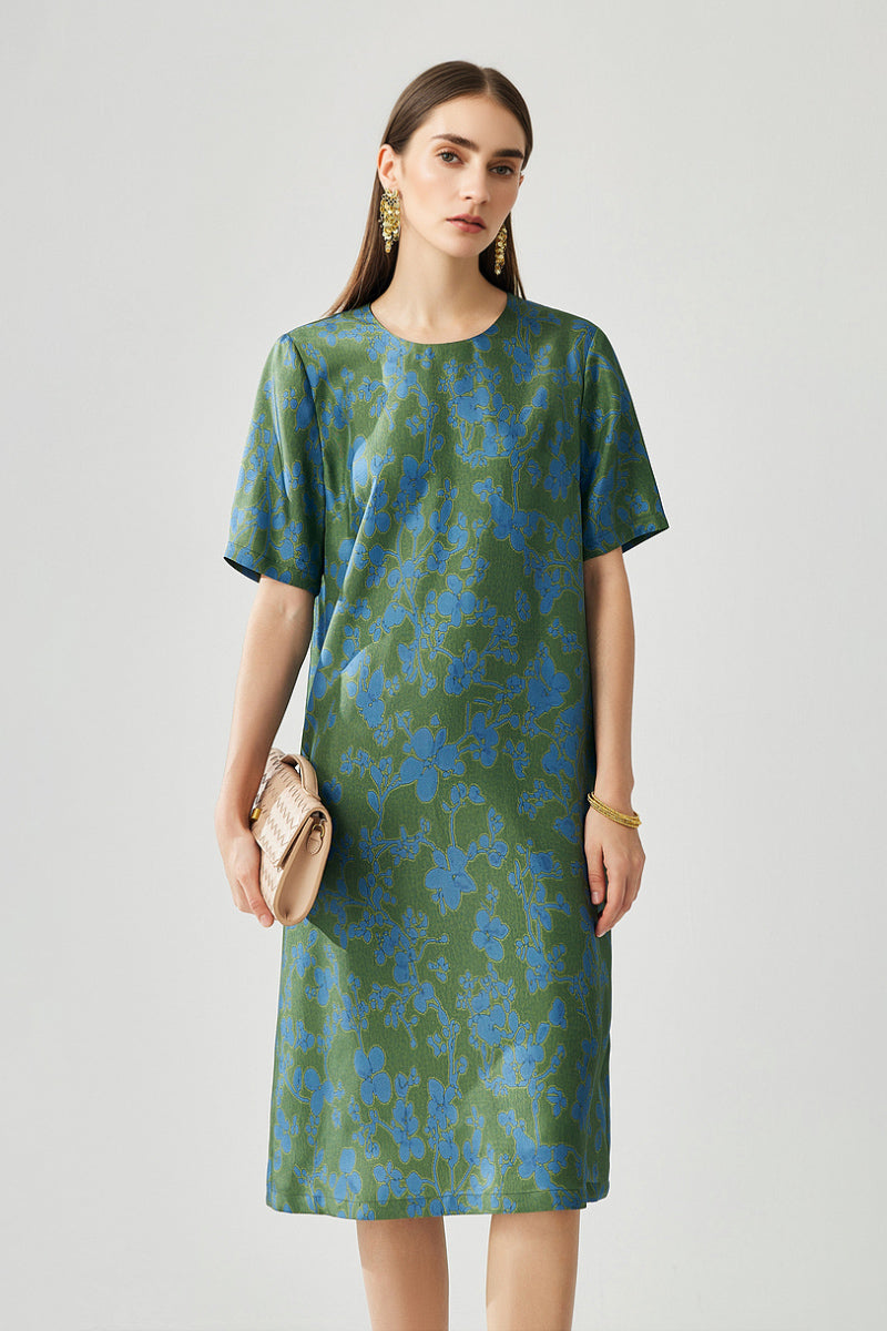 100% Silk Floral Short-Sleeve Shift Dress with Pockets