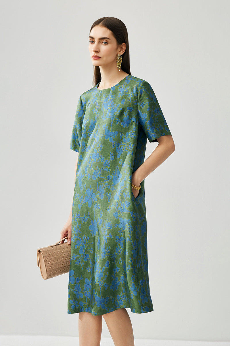 100% Silk Floral Short-Sleeve Shift Dress with Pockets