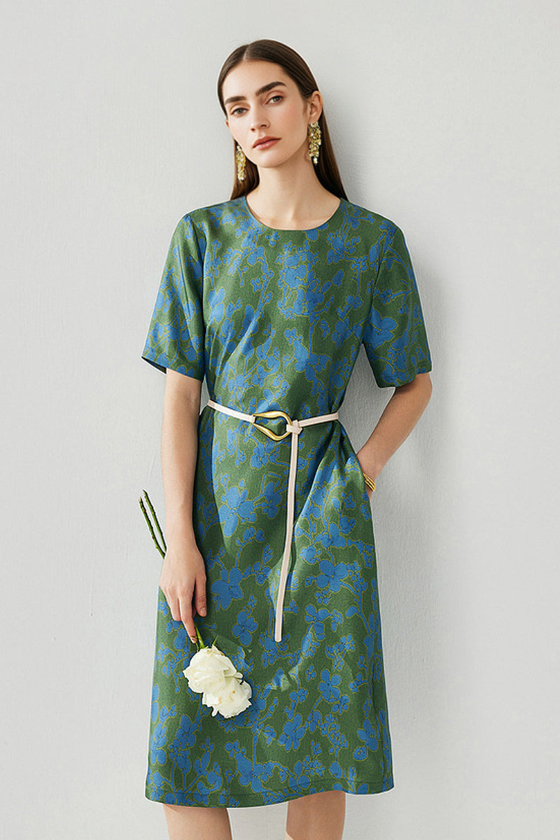 100% Silk Floral Short-Sleeve Shift Dress with Pockets