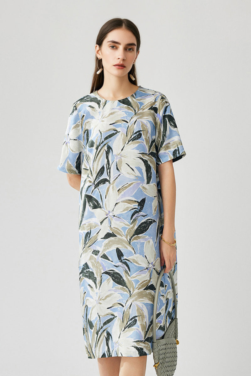 100% Silk Floral Short-Sleeve Shift Dress with Pockets