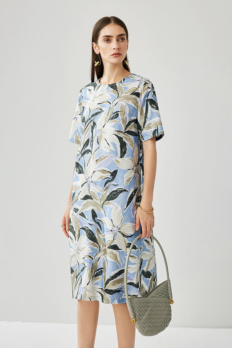 100% Silk Floral Short-Sleeve Shift Dress with Pockets
