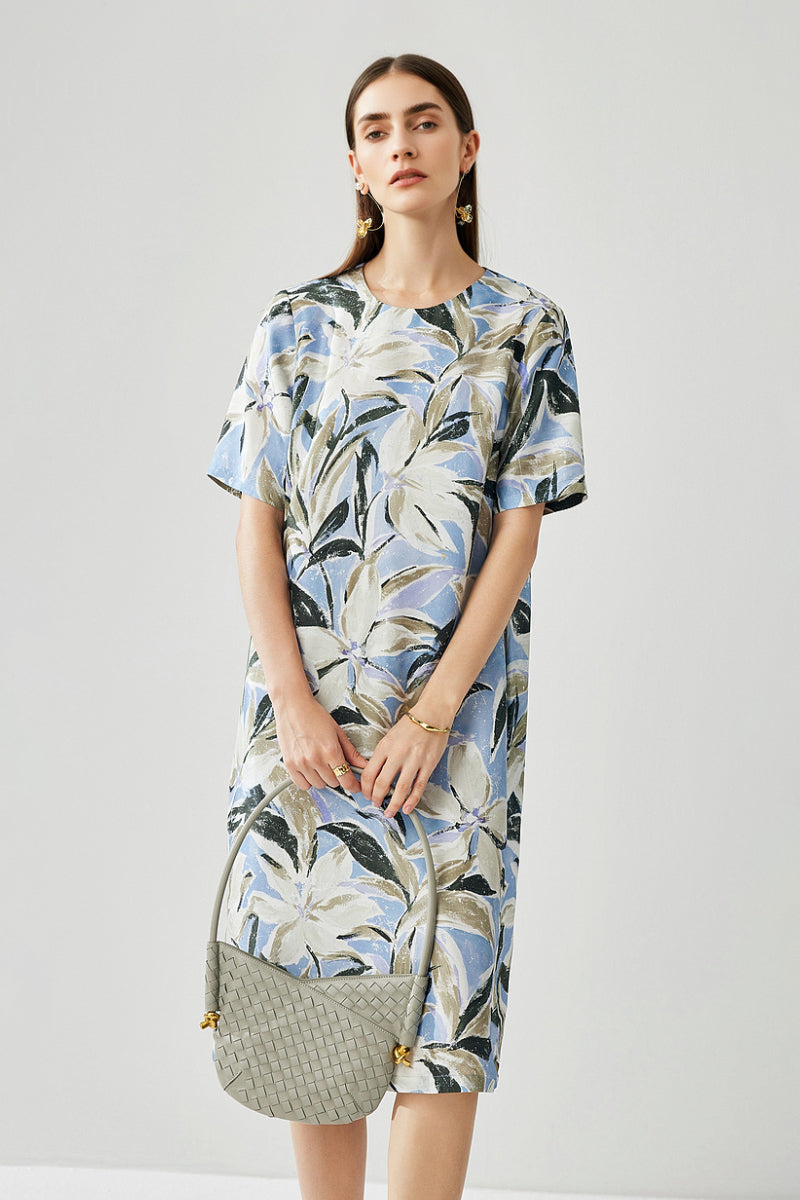 100% Silk Floral Short-Sleeve Shift Dress with Pockets