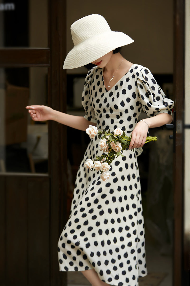 100% Silk Polka Dot Crepe A-Line Midi Dress
