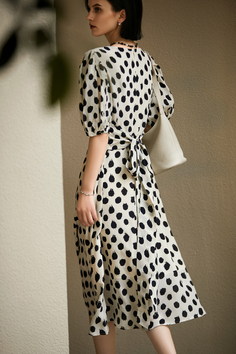 100% Silk Polka Dot Crepe A-Line Midi Dress