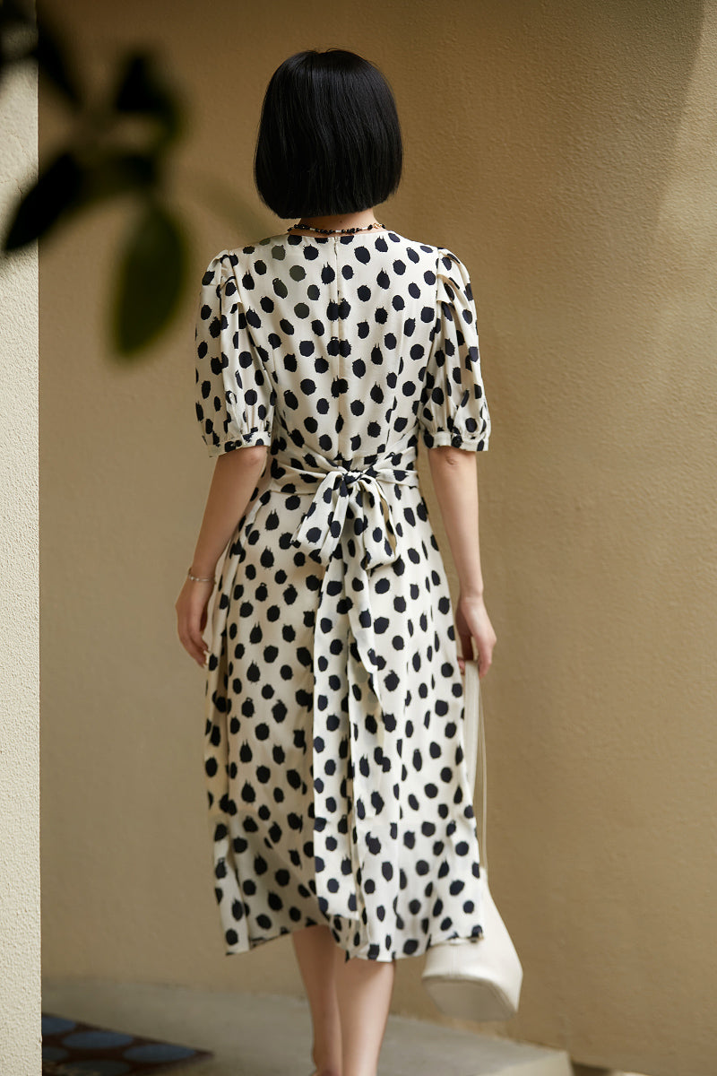 100% Silk Polka Dot Crepe A-Line Midi Dress