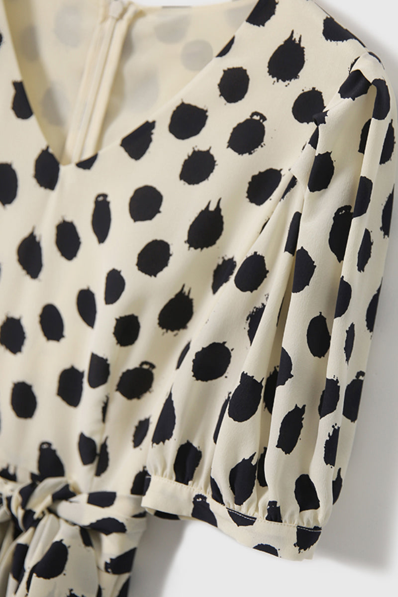 100% Silk Polka Dot Crepe A-Line Midi Dress
