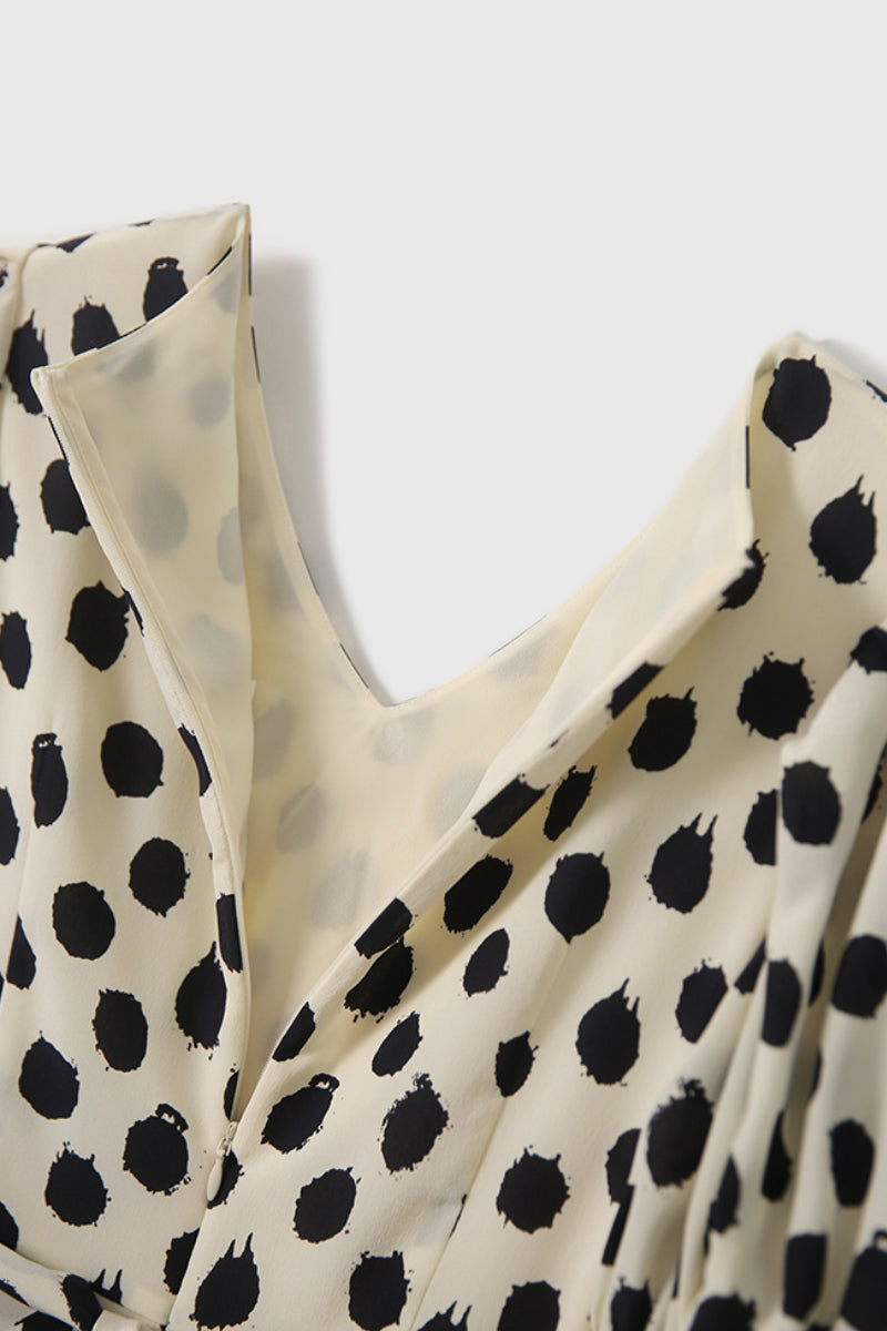 100% Silk Polka Dot Crepe A-Line Midi Dress
