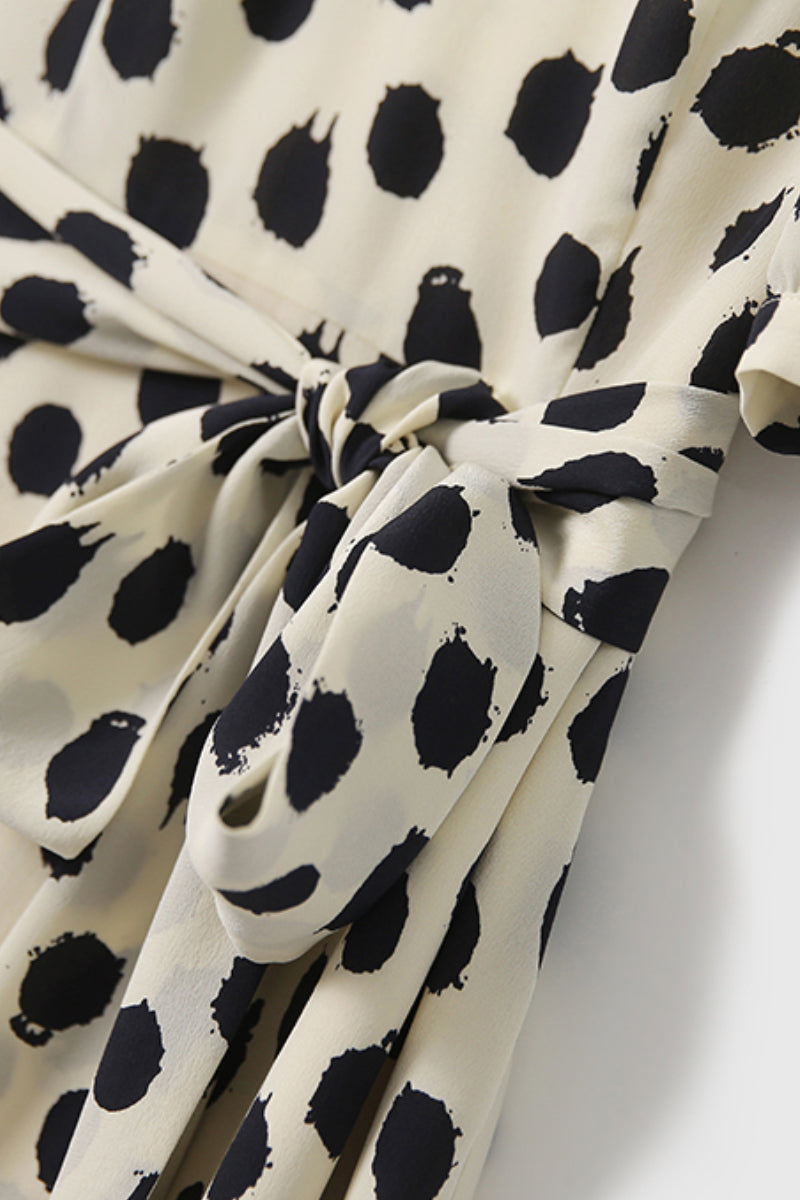 100% Silk Polka Dot Crepe A-Line Midi Dress
