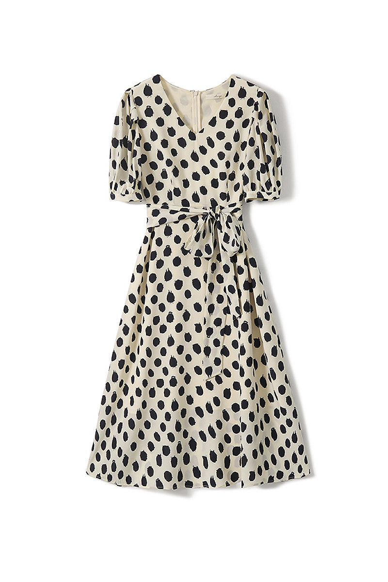 100% Silk Polka Dot Crepe A-Line Midi Dress