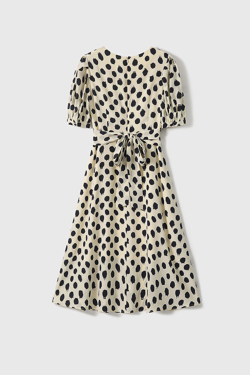 100% Silk Polka Dot Crepe A-Line Midi Dress