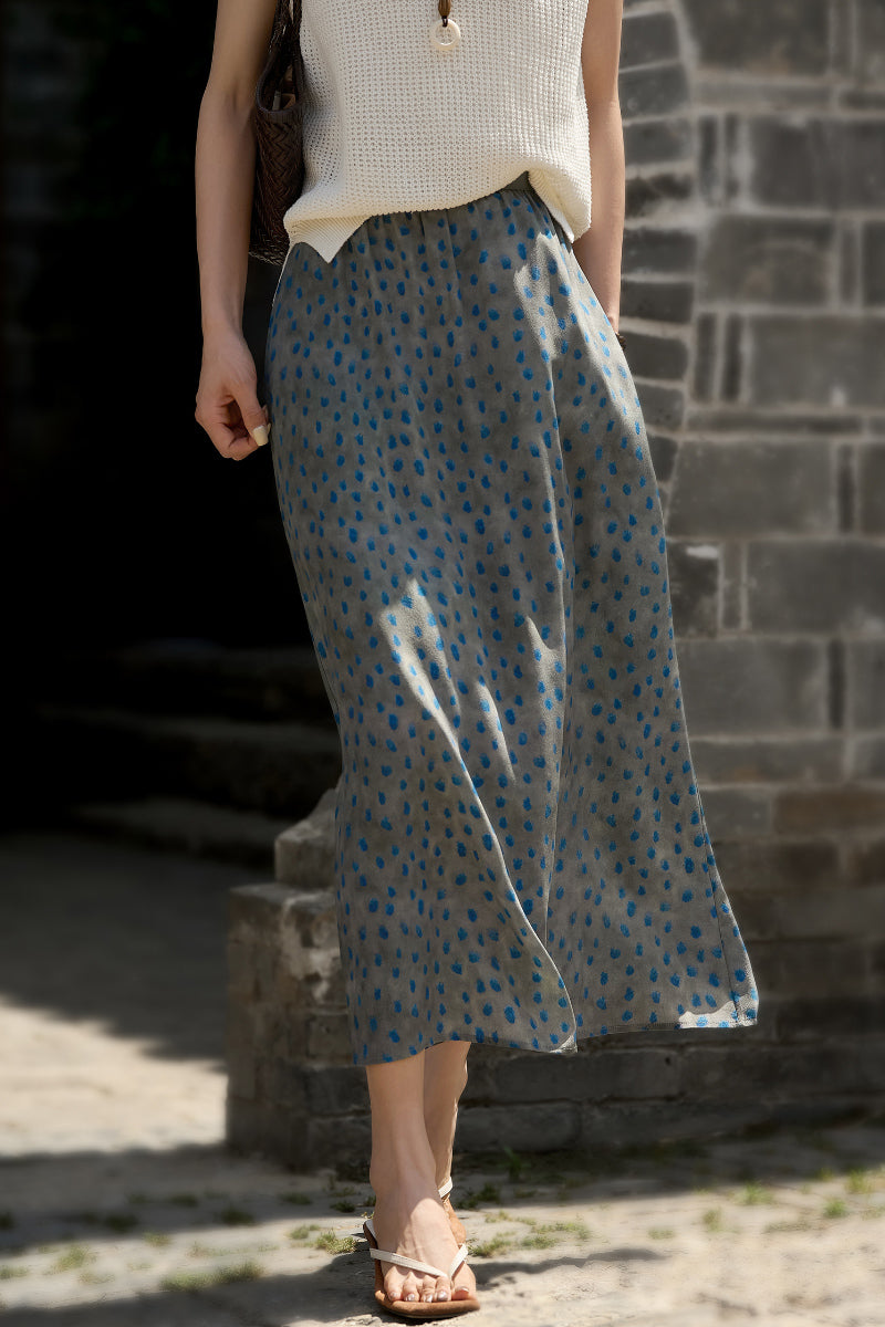 100% Silk Polka Dot Crepe Midi Skirt