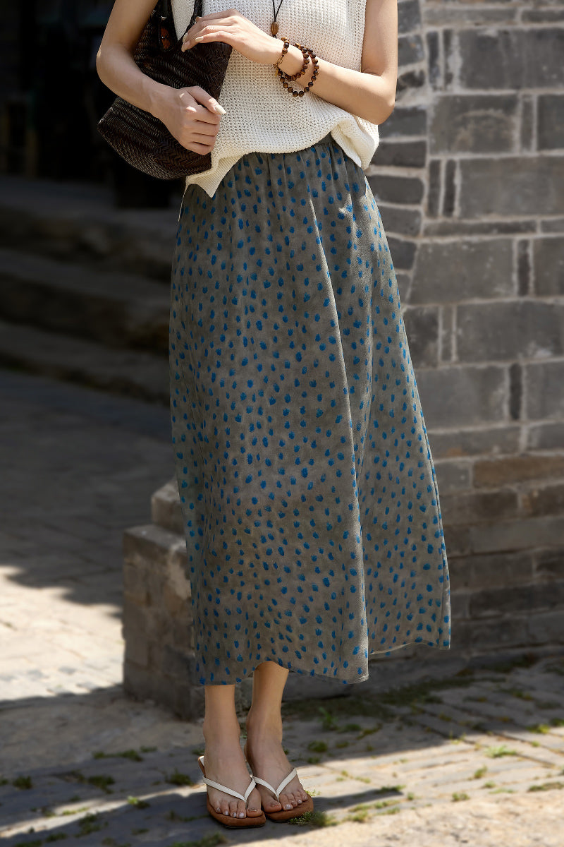 100% Silk Polka Dot Crepe Midi Skirt
