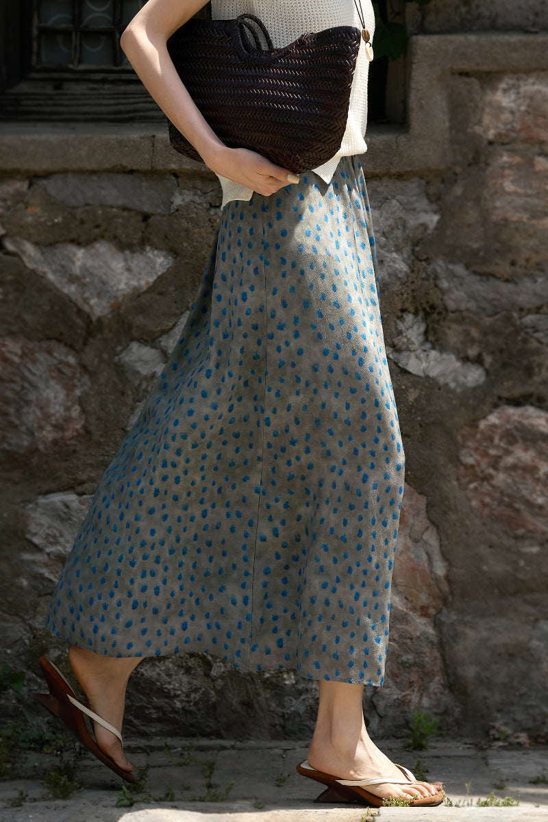 100% Silk Polka Dot Crepe Midi Skirt