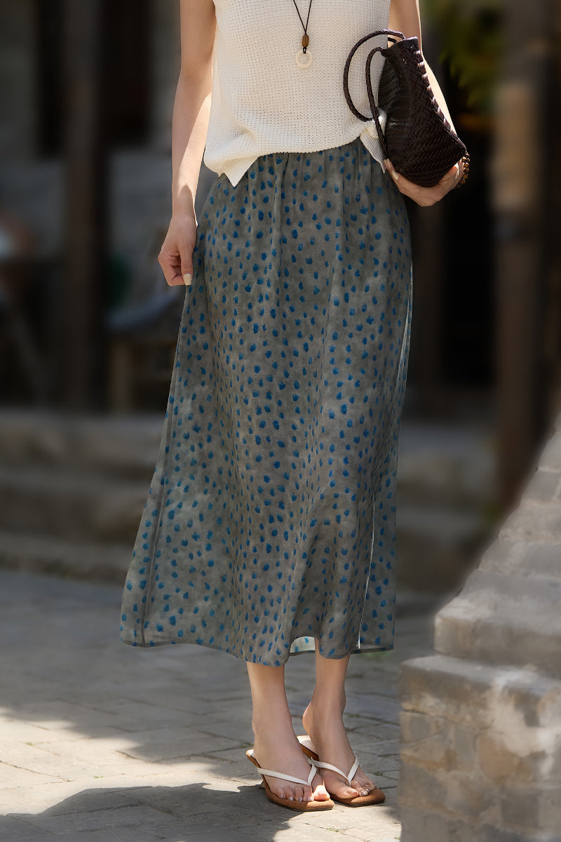 100% Silk Polka Dot Crepe Midi Skirt