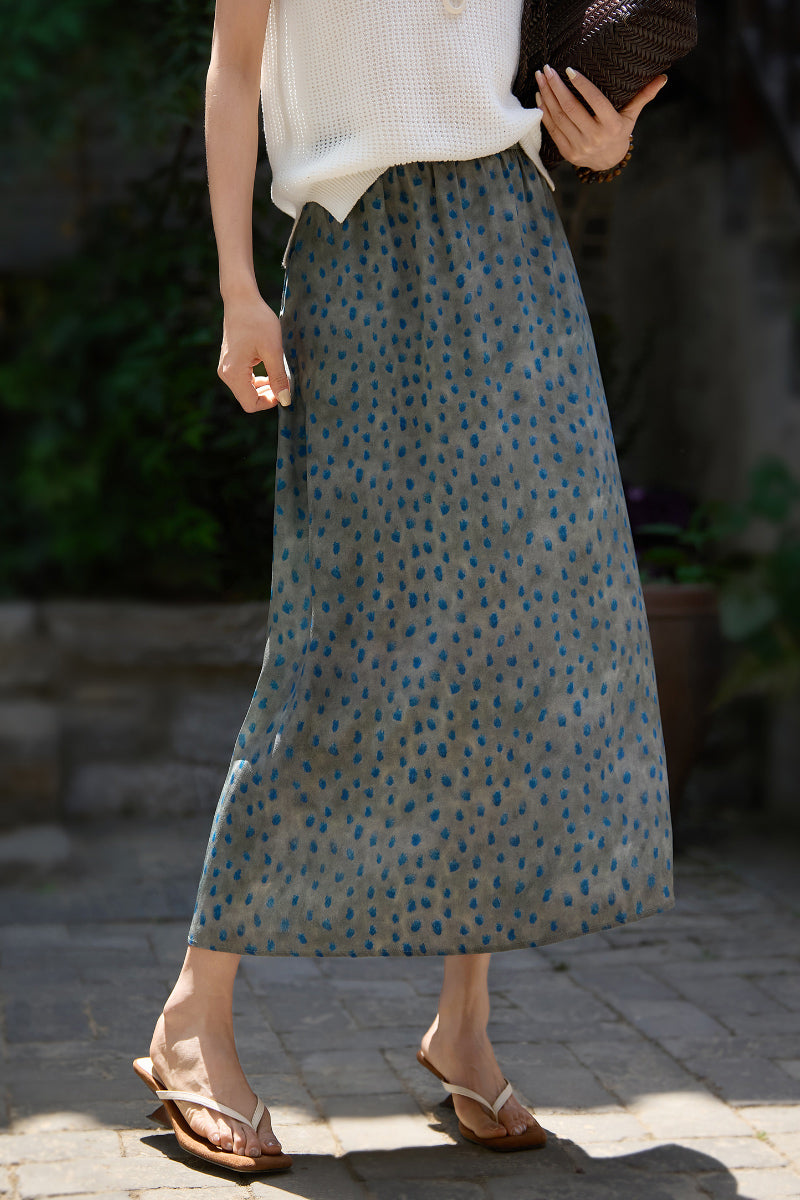 100% Silk Polka Dot Crepe Midi Skirt