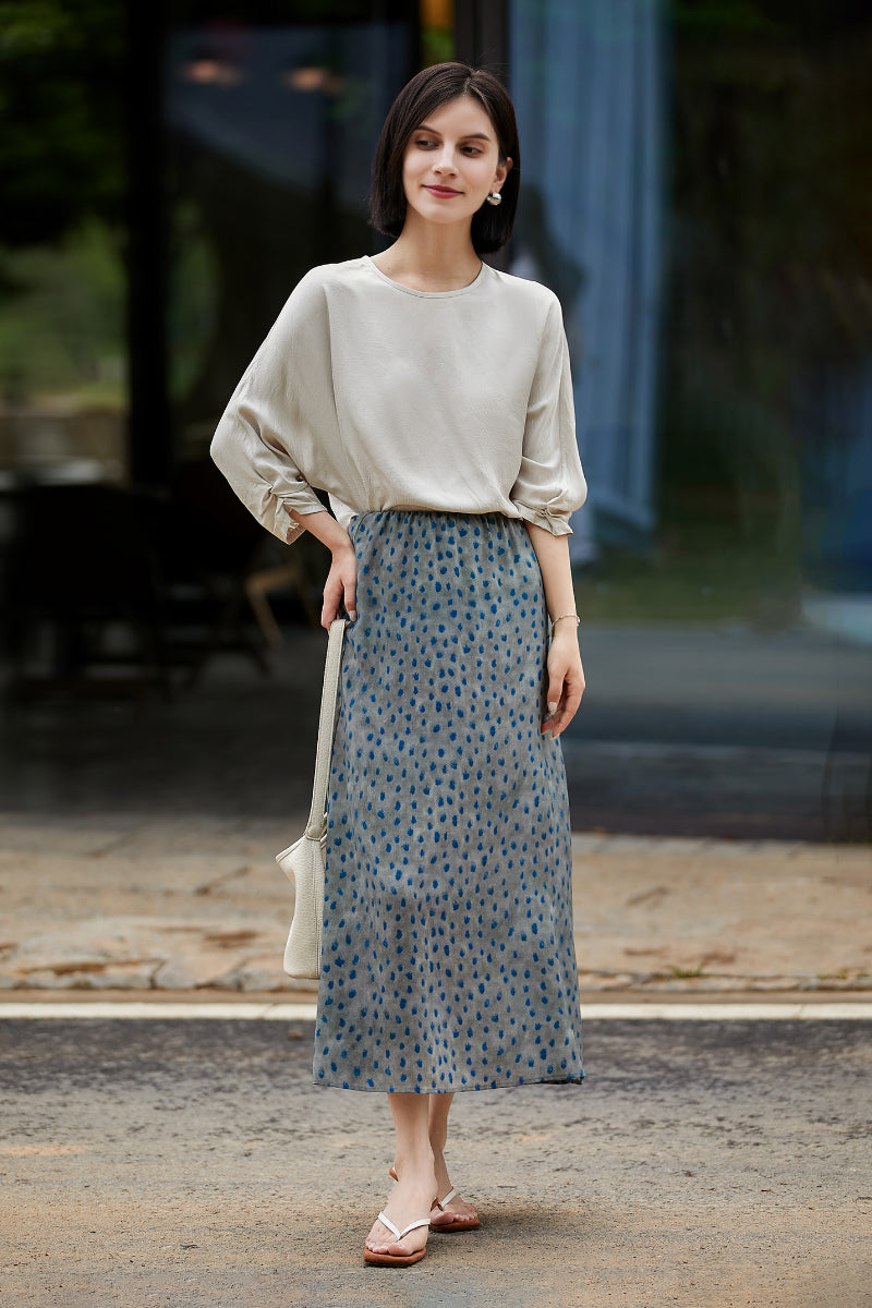 100% Silk Polka Dot Crepe Midi Skirt