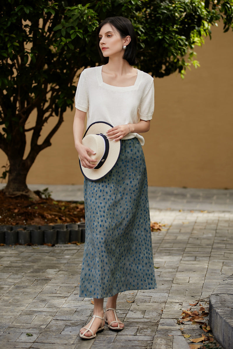 100% Silk Polka Dot Crepe Midi Skirt