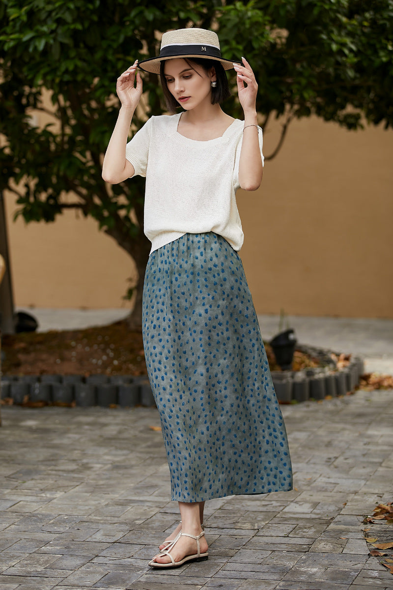 100% Silk Polka Dot Crepe Midi Skirt