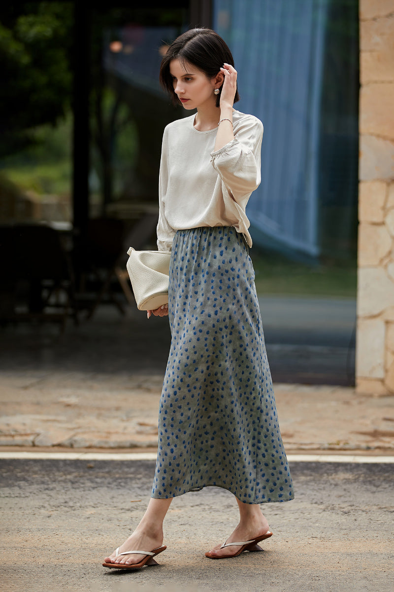 100% Silk Polka Dot Crepe Midi Skirt