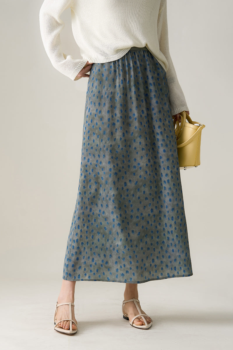 100% Silk Polka Dot Crepe Midi Skirt