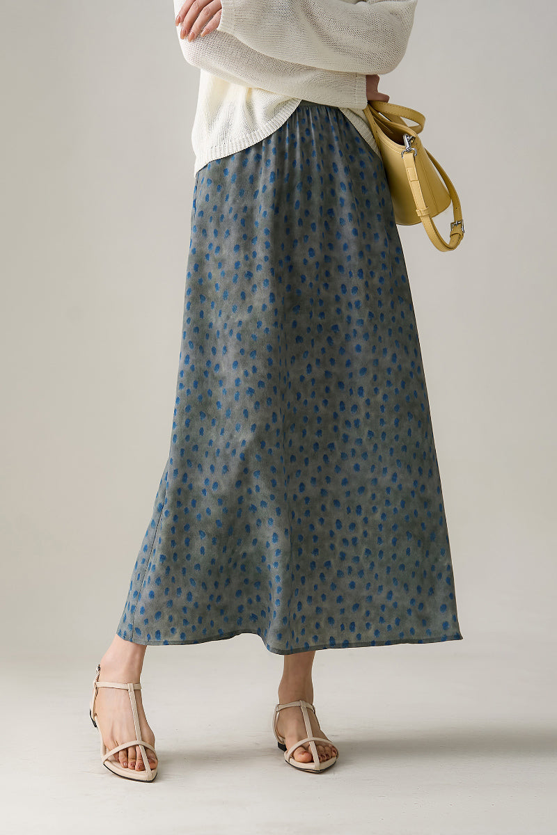 100% Silk Polka Dot Crepe Midi Skirt