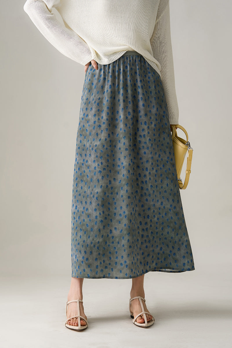 100% Silk Polka Dot Crepe Midi Skirt