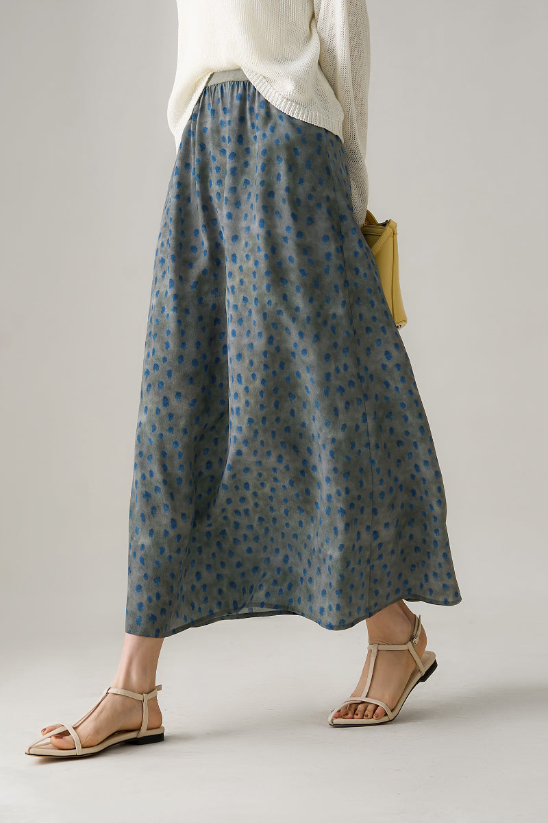 100% Silk Polka Dot Crepe Midi Skirt